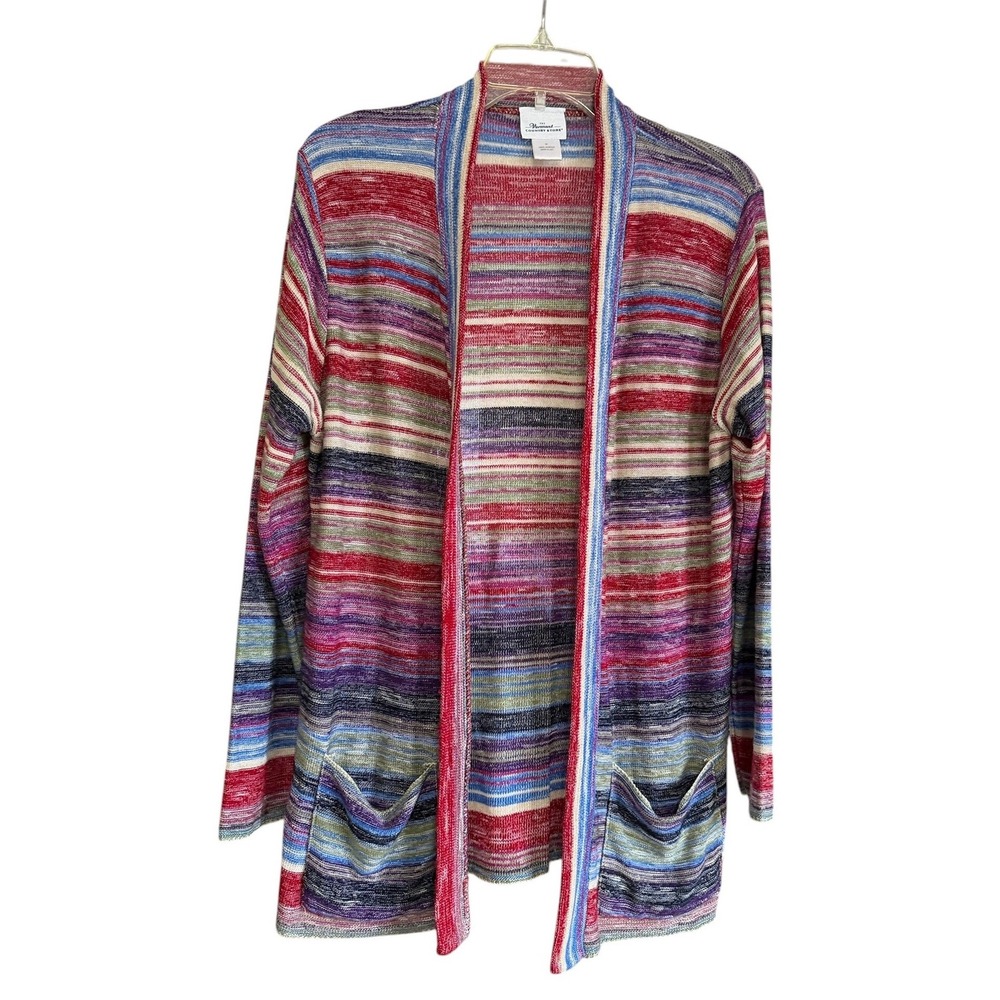 Vermont Country Store Womens Medium Cardigan Open Front Space Dye Stripe Multi